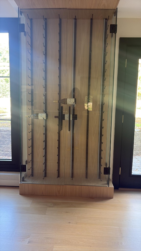 Custom glass & oak architectural wine cabinet