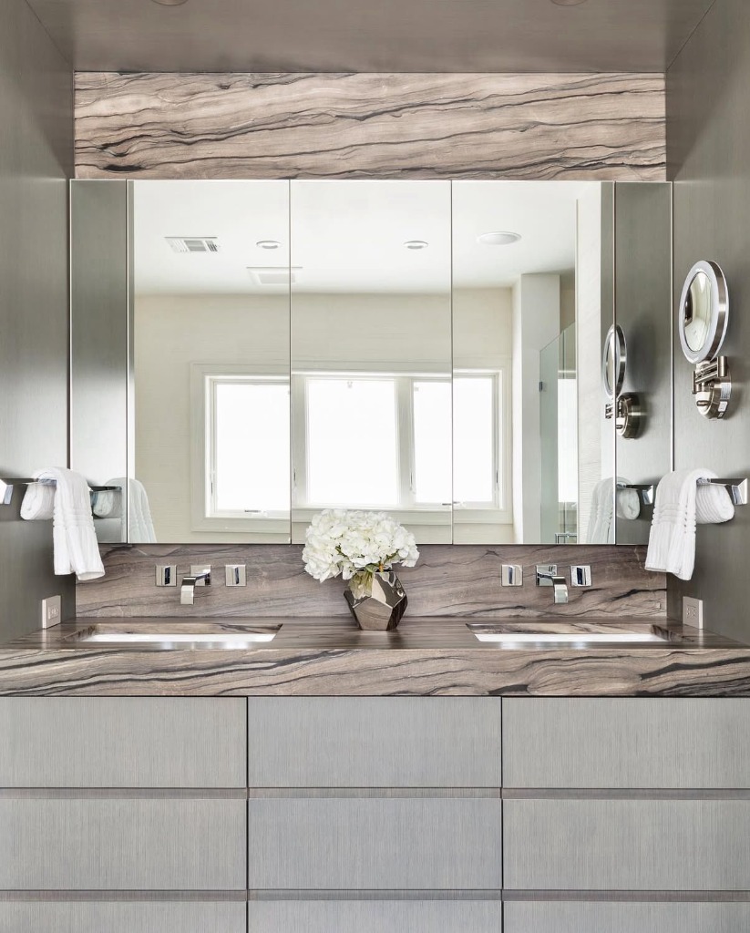 Architectural oak and quartzite double vanity with mirror