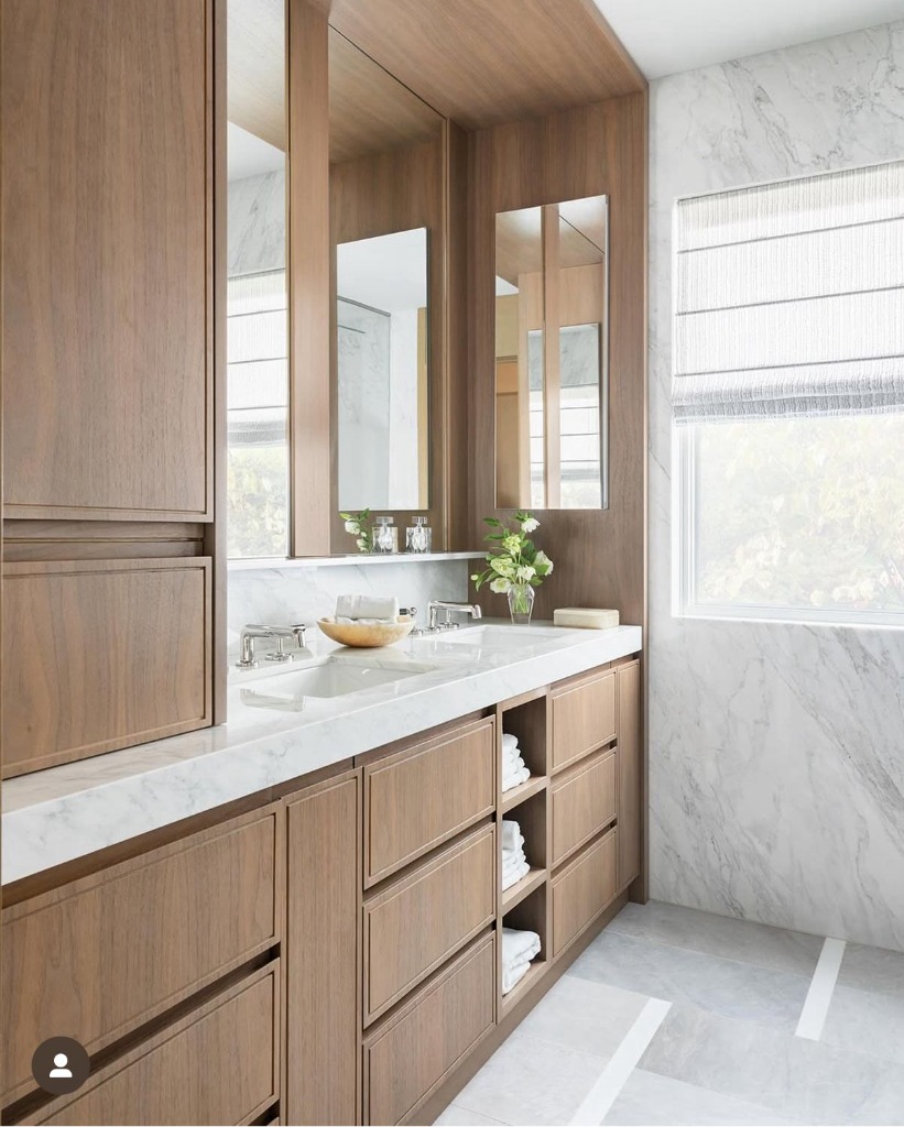 Architectural walnut double vanity cabinetry